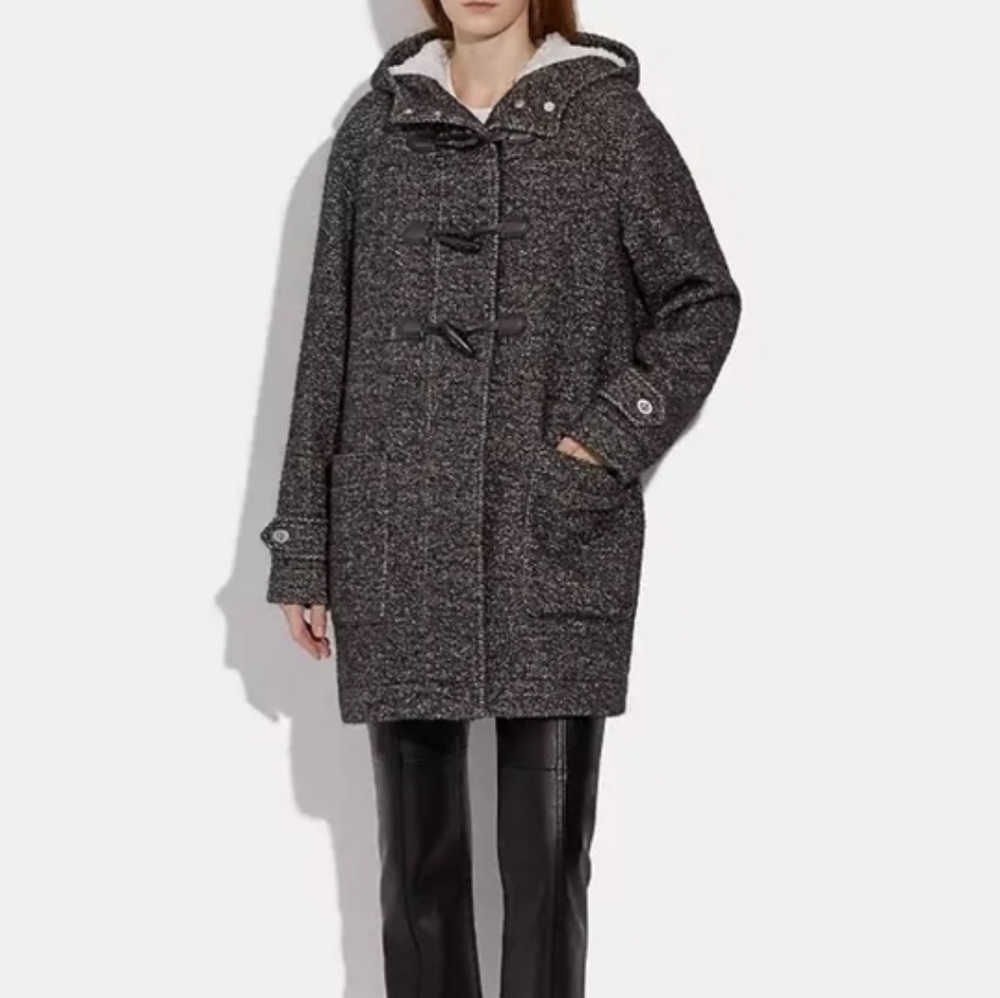Coach Duffle Wool/Alpaca Blend Oversized Coat in Charcoal with Sherpa Hood Sz S - Picture 1 of 12